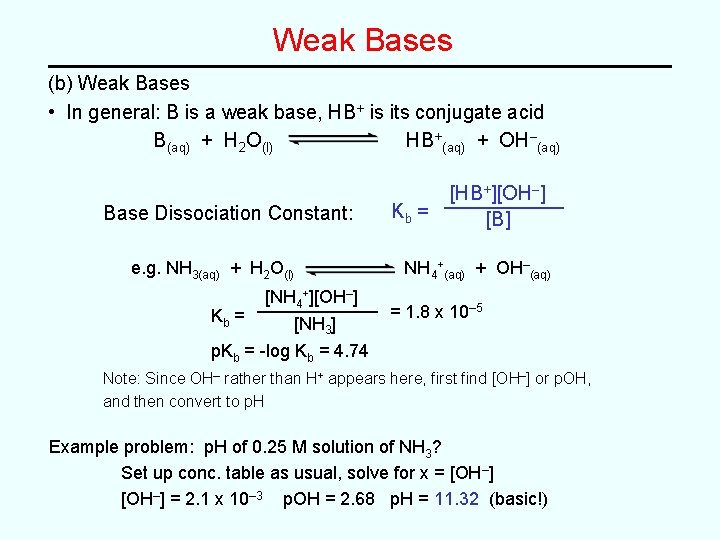 Weak Bases (b) Weak Bases • In general: B is a weak base, HB+