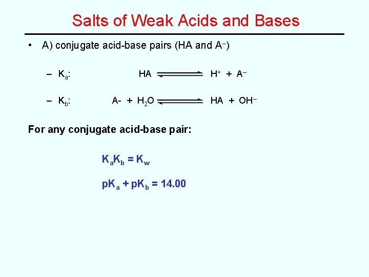 Salts of Weak Acids and Bases • A) conjugate acid-base pairs (HA and A–)