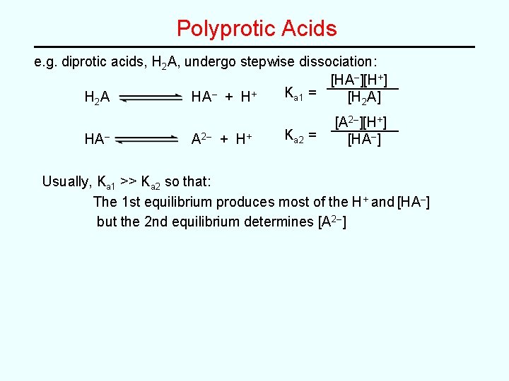 Polyprotic Acids e. g. diprotic acids, H 2 A, undergo stepwise dissociation: [HA–][H+] Ka