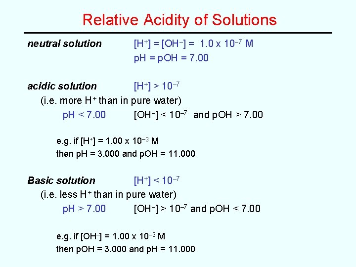 Relative Acidity of Solutions neutral solution [H+] = [OH–] = 1. 0 x 10–