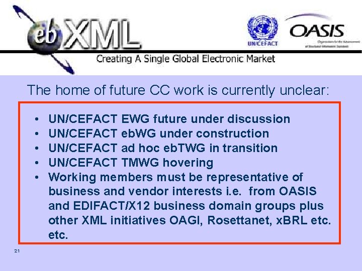 The home of future CC work is currently unclear: • • • 21 UN/CEFACT