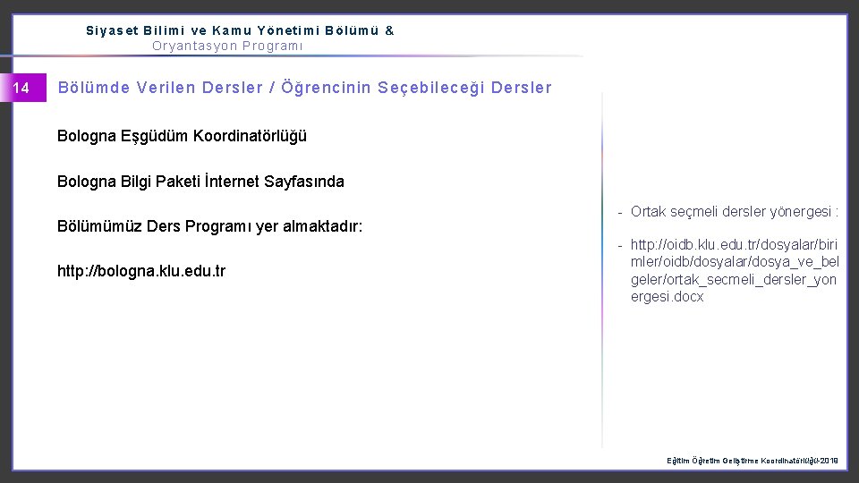  Siyaset Bilimi ve Kamu Yönetimi Bölümü & Oryantasyon Programı 14 Bölümde Verilen Dersler