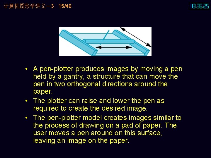 计算机图形学讲义－3 15/46 • A pen-plotter produces images by moving a pen held by a