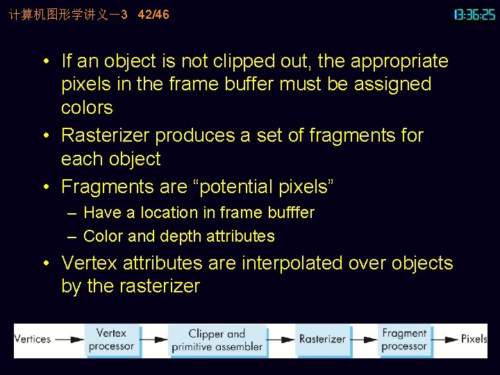计算机图形学讲义－3 42/46 • If an object is not clipped out, the appropriate pixels in