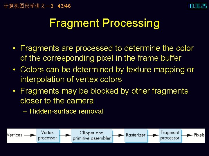 计算机图形学讲义－3 43/46 Fragment Processing • Fragments are processed to determine the color of the