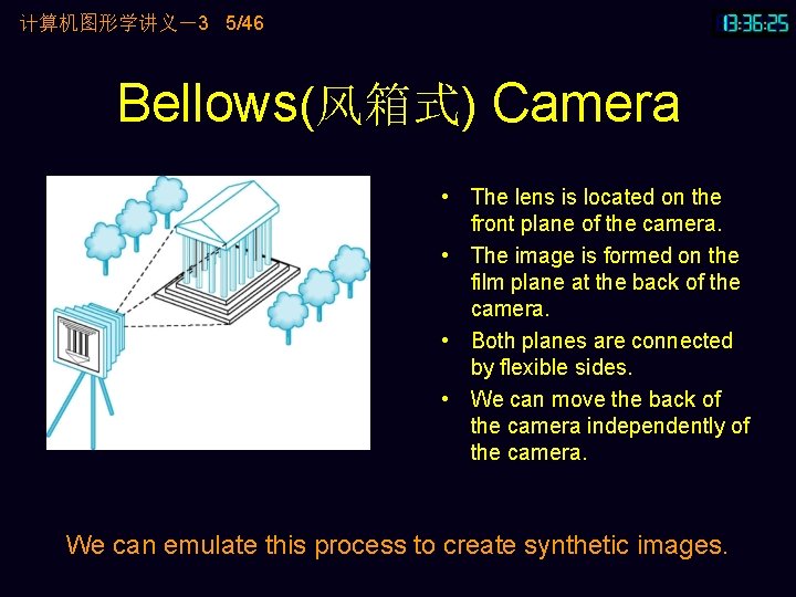 计算机图形学讲义－3 5/46 Bellows(风箱式) Camera • The lens is located on the front plane of