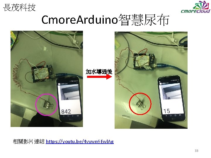 長茂科技 Cmore. Arduino智慧尿布 加水導通後 相關影片連結 https: //youtu. be/4 vywn 6 Ewl. Ag 33 