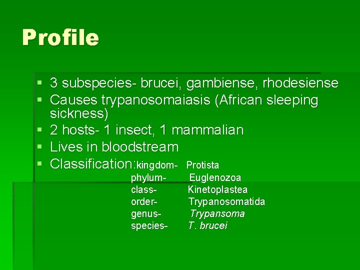 Profile § 3 subspecies- brucei, gambiense, rhodesiense § Causes trypanosomaiasis (African sleeping sickness) §