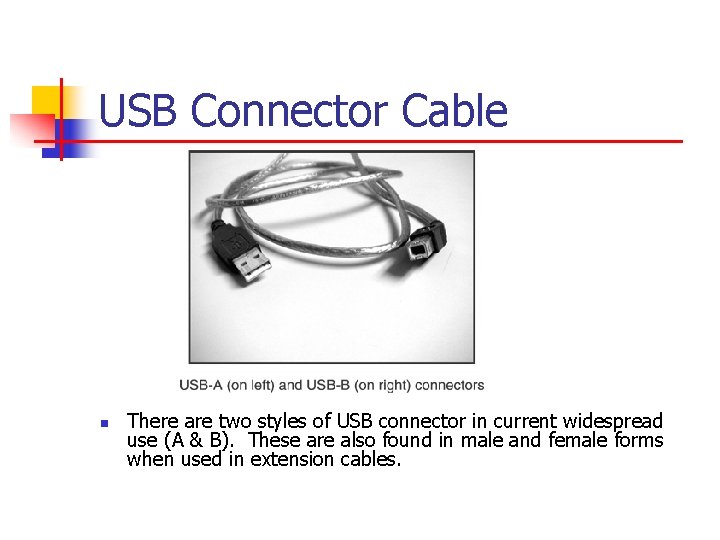 USB Connector Cable n There are two styles of USB connector in current widespread