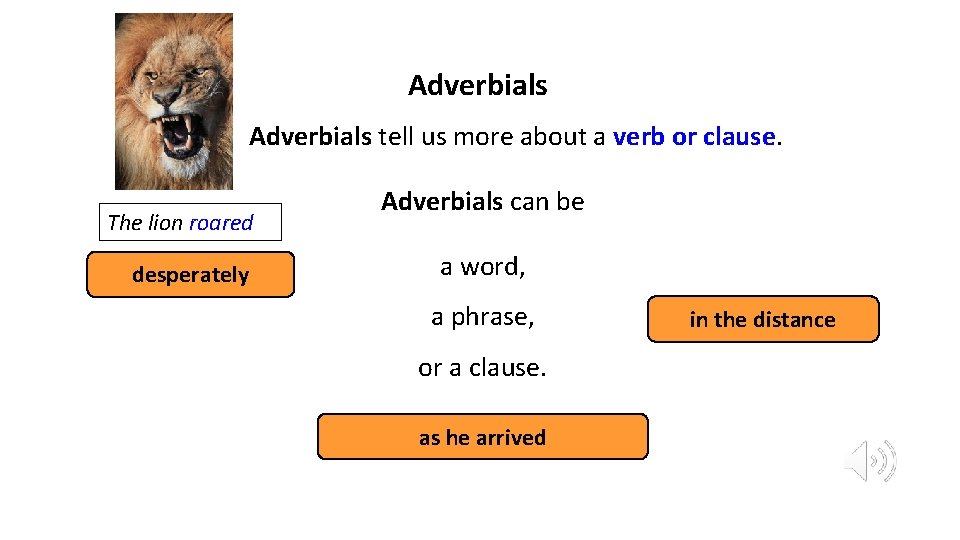 Adverbials tell us more about a verb or clause. The lion roared desperately Adverbials