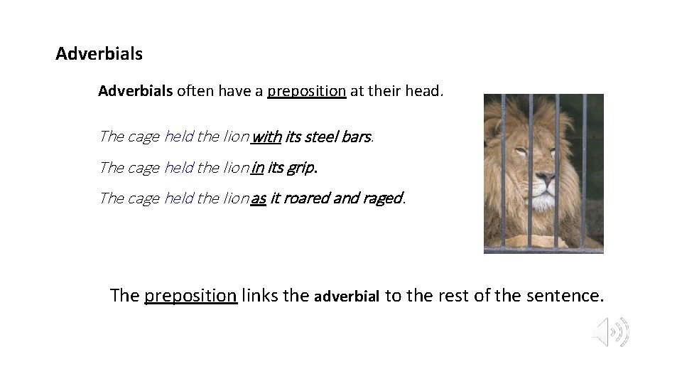 Adverbials often have a preposition at their head. The cage held the lion with