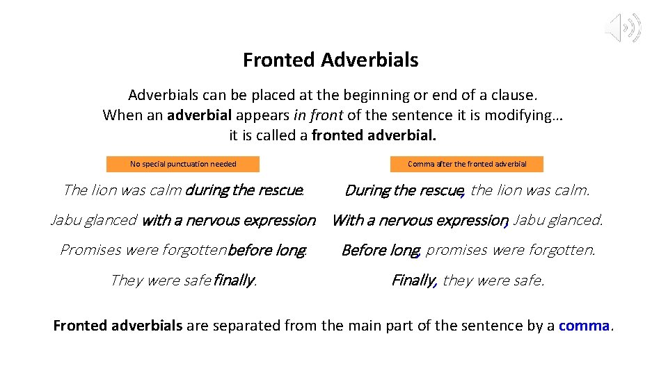 Fronted Adverbials can be placed at the beginning or end of a clause. When