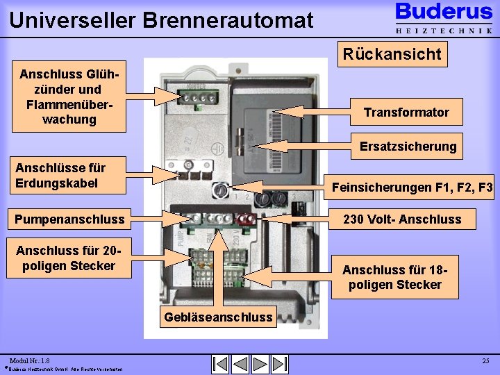 Universeller Brennerautomat Rückansicht Anschluss Glühzünder und Flammenüberwachung Transformator Ersatzsicherung Anschlüsse für Erdungskabel Feinsicherungen F