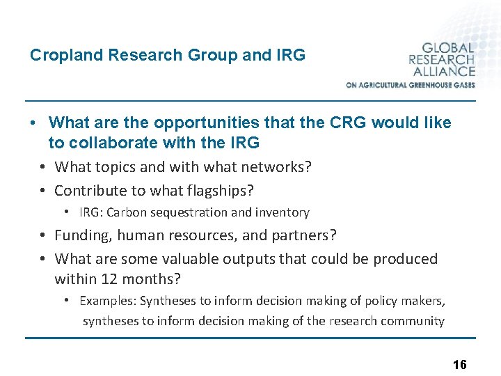 Cropland Research Group and IRG • What are the opportunities that the CRG would