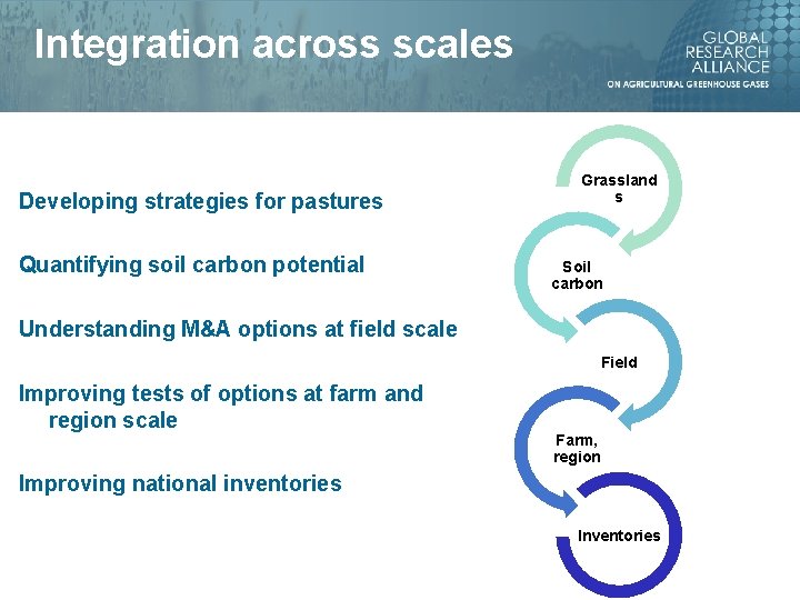 Integration across scales Developing strategies for pastures Quantifying soil carbon potential Grassland s Soil