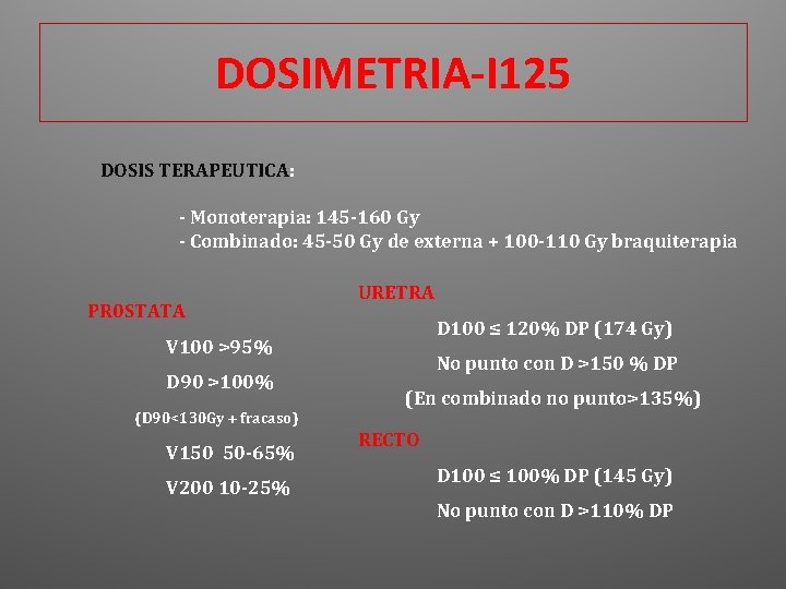 DOSIMETRIA-I 125 DOSIS TERAPEUTICA: ‐ Monoterapia: 145‐ 160 Gy ‐ Combinado: 45‐ 50 Gy
