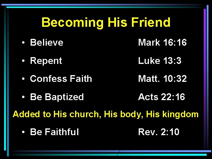 Becoming His Friend • Believe Mark 16: 16 • Repent Luke 13: 3 •
