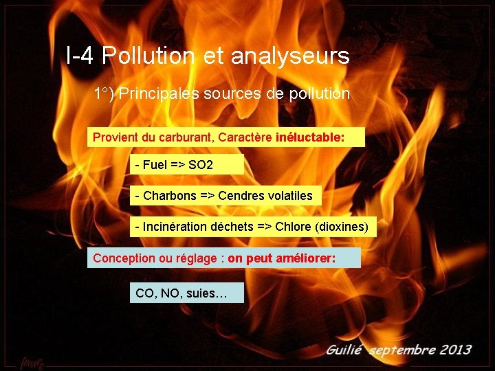 I-4 Pollution et analyseurs 1°) Principales sources de pollution Provient du carburant, Caractère inéluctable: