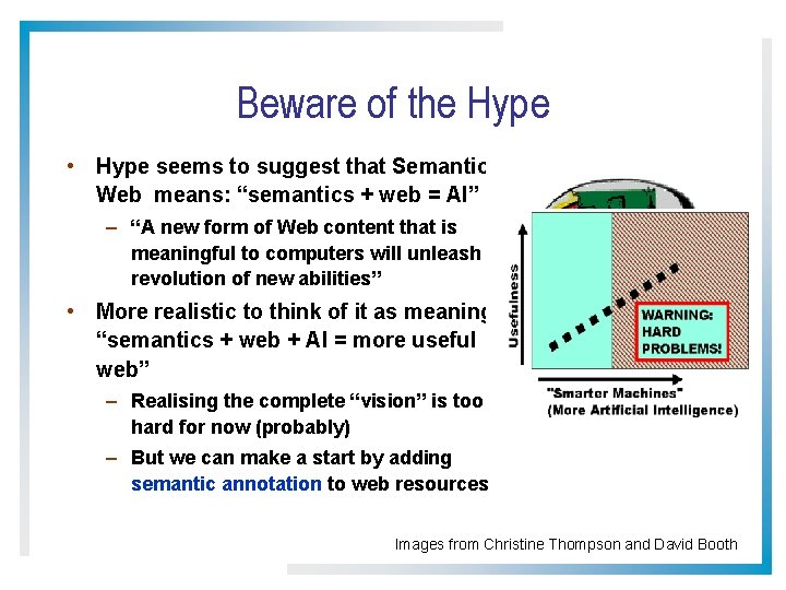 Beware of the Hype • Hype seems to suggest that Semantic Web means: “semantics