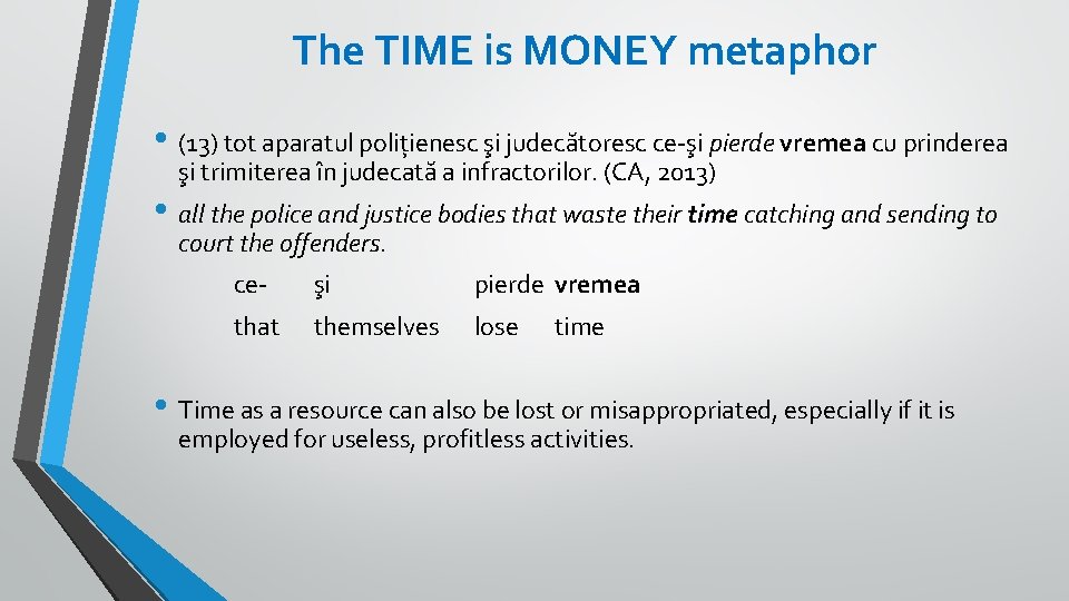 The TIME is MONEY metaphor • (13) tot aparatul polițienesc şi judecătoresc ce-şi pierde The TIME is MONEY metaphor • (13) tot aparatul polițienesc şi judecătoresc ce-şi pierde