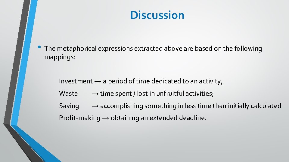 Discussion • The metaphorical expressions extracted above are based on the following mappings: Investment Discussion • The metaphorical expressions extracted above are based on the following mappings: Investment