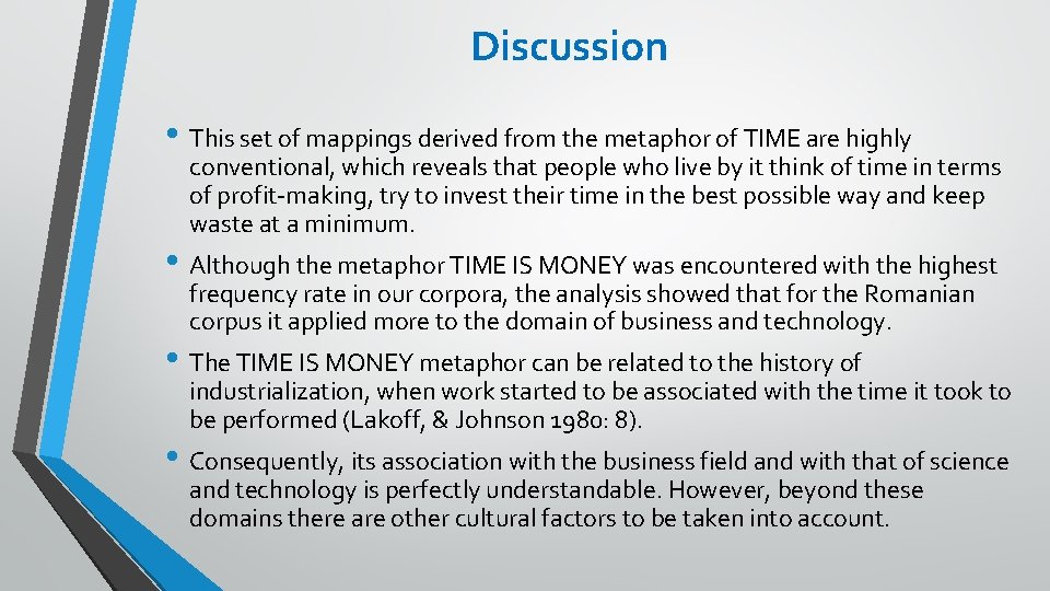 Discussion • This set of mappings derived from the metaphor of TIME are highly Discussion • This set of mappings derived from the metaphor of TIME are highly