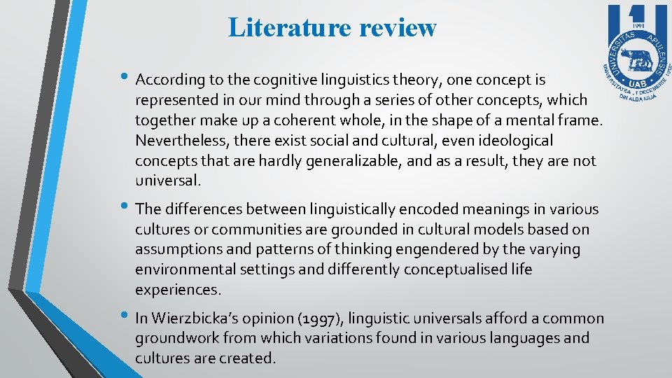 Literature review • According to the cognitive linguistics theory, one concept is represented in Literature review • According to the cognitive linguistics theory, one concept is represented in