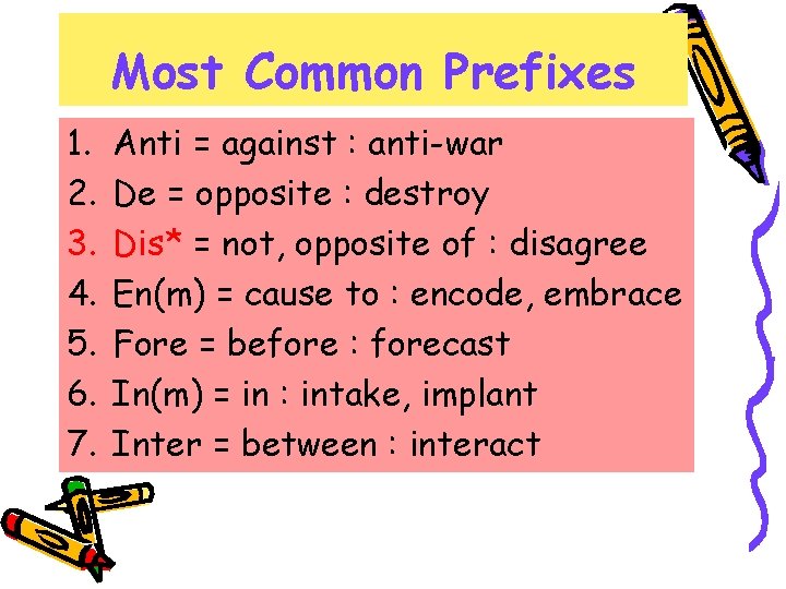 Most Common Prefixes 1. 2. 3. 4. 5. 6. 7. Anti = against :