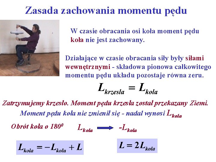 Zasada zachowania momentu pędu W czasie obracania osi koła moment pędu koła nie jest
