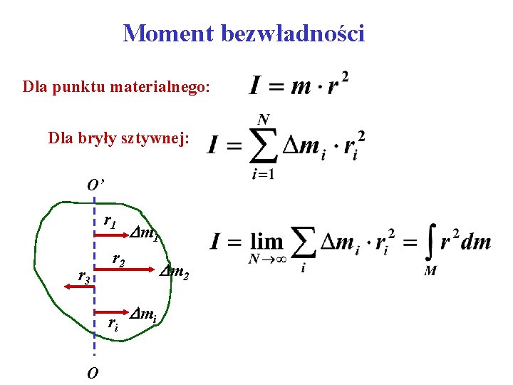 Moment bezwładności Dla punktu materialnego: Dla bryły sztywnej: O’ r 1 r 3 m