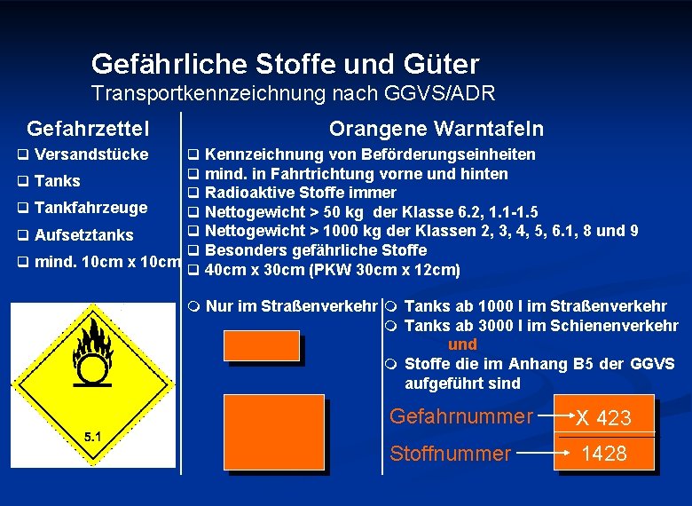 Gefährliche Stoffe und Güter Transportkennzeichnung nach GGVS/ADR Gefahrzettel Orangene Warntafeln q Versandstücke q Kennzeichnung