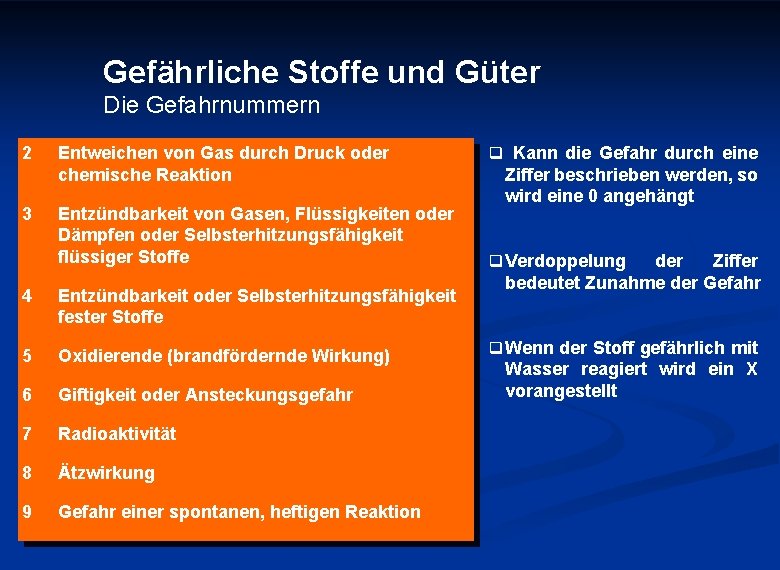 Gefährliche Stoffe und Güter Die Gefahrnummern 2 3 Entweichen von Gas durch Druck oder