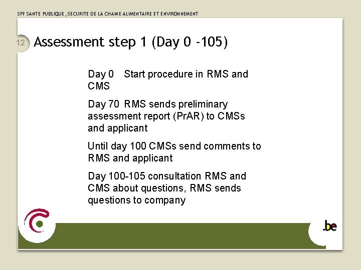 SPF SANTE PUBLIQUE, SECURITE DE LA CHAINE ALIMENTAIRE ET ENVIRONNEMENT 12 Assessment step 1