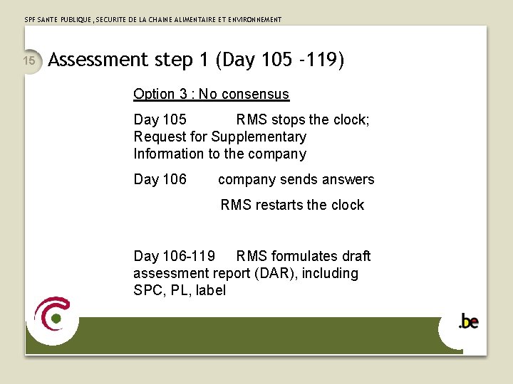 SPF SANTE PUBLIQUE, SECURITE DE LA CHAINE ALIMENTAIRE ET ENVIRONNEMENT 15 Assessment step 1