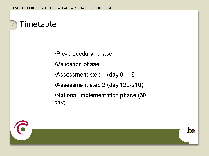 SPF SANTE PUBLIQUE, SECURITE DE LA CHAINE ALIMENTAIRE ET ENVIRONNEMENT 7 Timetable • Pre-procedural