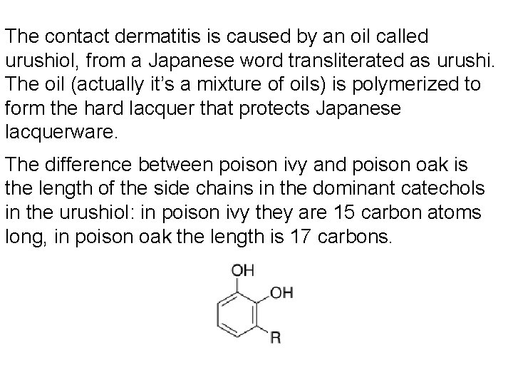 The contact dermatitis is caused by an oil called urushiol, from a Japanese word