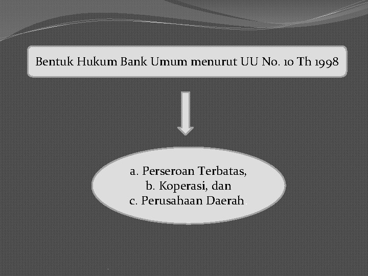 Bentuk Hukum Bank Umum menurut UU No. 10 Th 1998 a. Perseroan Terbatas, b.