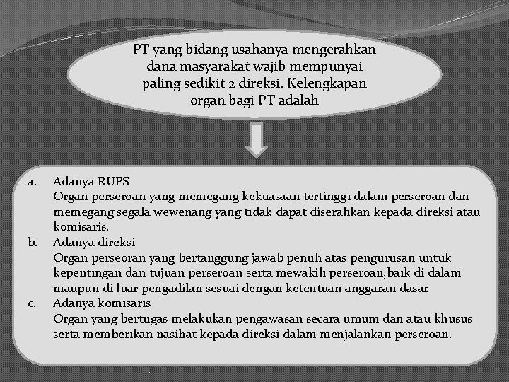PT yang bidang usahanya mengerahkan dana masyarakat wajib mempunyai paling sedikit 2 direksi. Kelengkapan