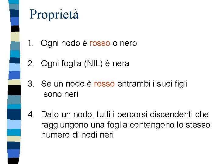 Proprietà 1. Ogni nodo è rosso o nero 2. Ogni foglia (NIL) è nera