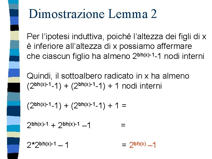 Dimostrazione Lemma 2 Per l’ipotesi induttiva, poiché l’altezza dei figli di x è inferiore