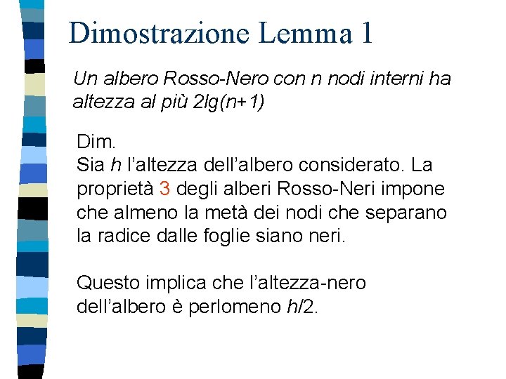 Dimostrazione Lemma 1 Un albero Rosso-Nero con n nodi interni ha altezza al più