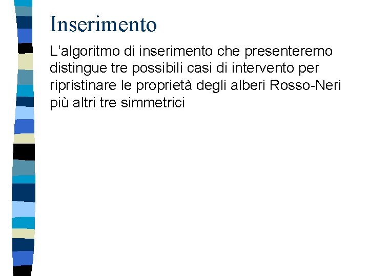 Inserimento L’algoritmo di inserimento che presenteremo distingue tre possibili casi di intervento per ripristinare