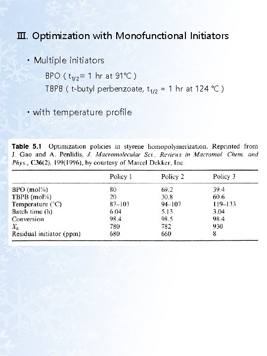 Ⅲ. Optimization with Monofunctional Initiators · Multiple initiators BPO ( t 1/2= 1 hr