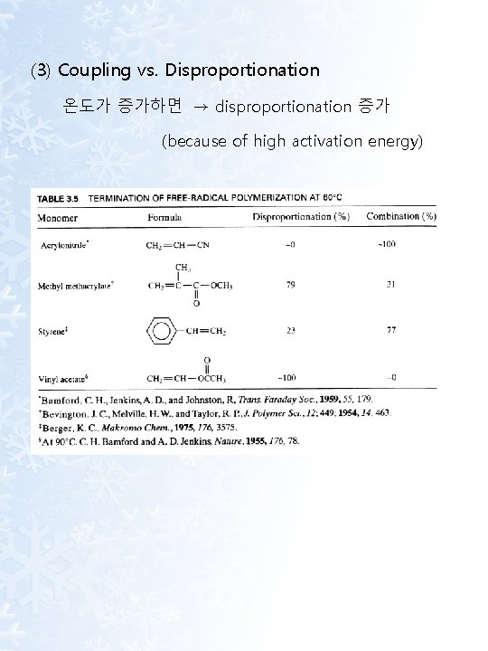 (3) Coupling vs. Disproportionation 온도가 증가하면 → disproportionation 증가 (because of high activation energy)