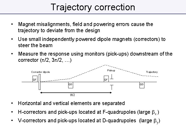 Trajectory correction • Magnet misalignments, field and powering errors cause the trajectory to deviate