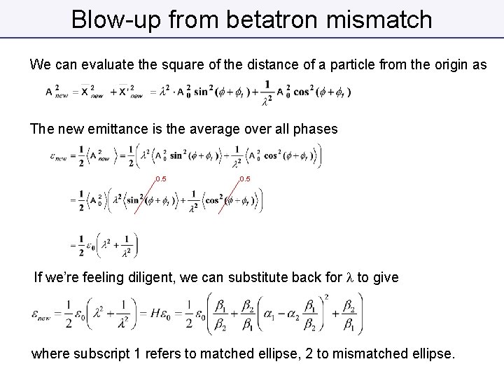 Blow-up from betatron mismatch We can evaluate the square of the distance of a