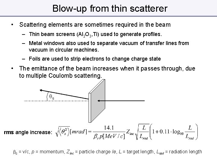 Blow-up from thin scatterer • Scattering elements are sometimes required in the beam –