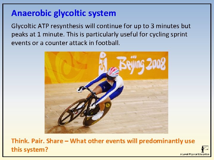 Anaerobic glycoltic system Glycoltic ATP resynthesis will continue for up to 3 minutes but