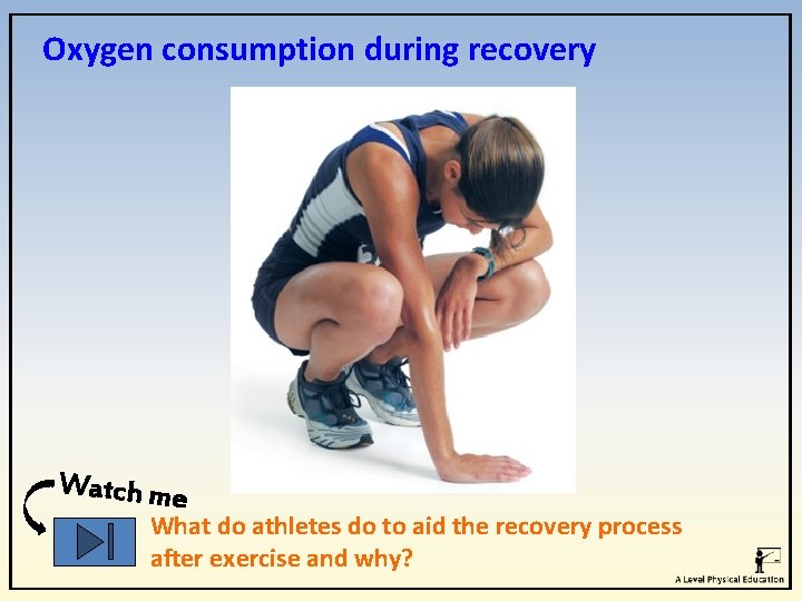 Oxygen consumption during recovery Watch me What do athletes do to aid the recovery