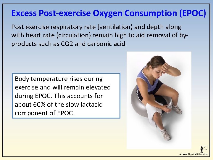 Excess Post-exercise Oxygen Consumption (EPOC) Post exercise respiratory rate (ventilation) and depth along with